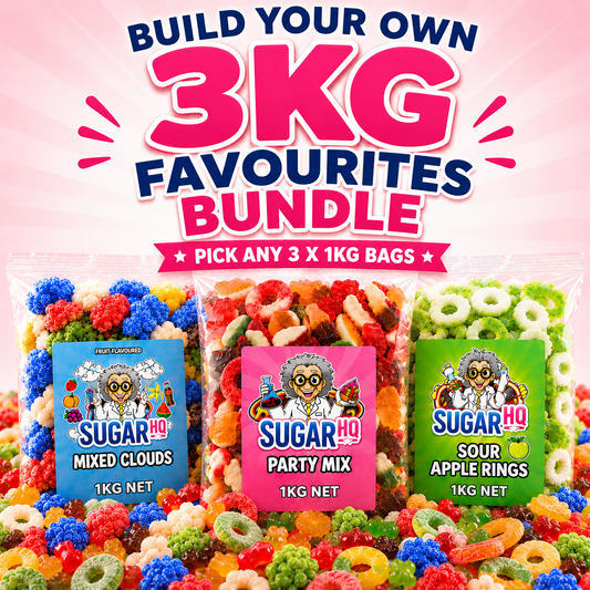 Promotional graphic for a 3kg bundle of Sugar HQ gummy candies, featuring three 1kg bags: Mixed Clouds, Party Mix, and Sour Apple Rings, surrounded by loose gummies on a pink background with large text reading 'BUILD YOUR OWN 3KG FAVOURITES BUNDLE'.