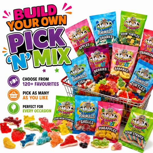 Promotional graphic for a kids' candy mix pack, showing multiple colorful bags of Sour Pops candy arranged around a wire basket filled with assorted gummy candies. Large text reads 'BUILD YOUR OWN PICK 'N' MIX' with icons for choosing from 120+ favorites, picking as many as you like, and suitability for every occasion.