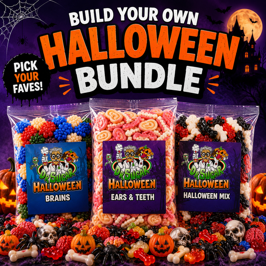Build Your Own Halloween Bundle featuring three Halloween lolly packs including Brains, Ears & Teeth and Halloween Mix, allowing customers to create their own spooky confectionery bundle from Sugar HQ.