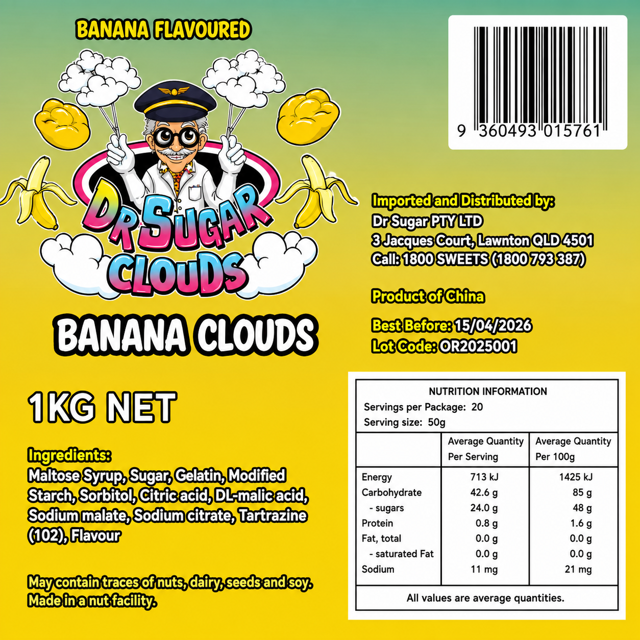 DR SUGAR Banana Cloud Gummies Nutrition Information