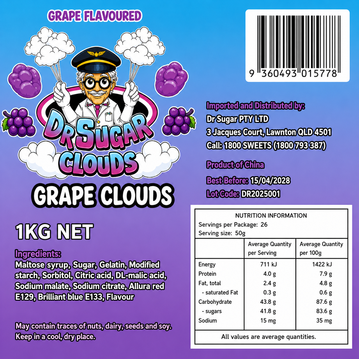 DR SUGAR Grape Cloud Gummies Nutrition Information