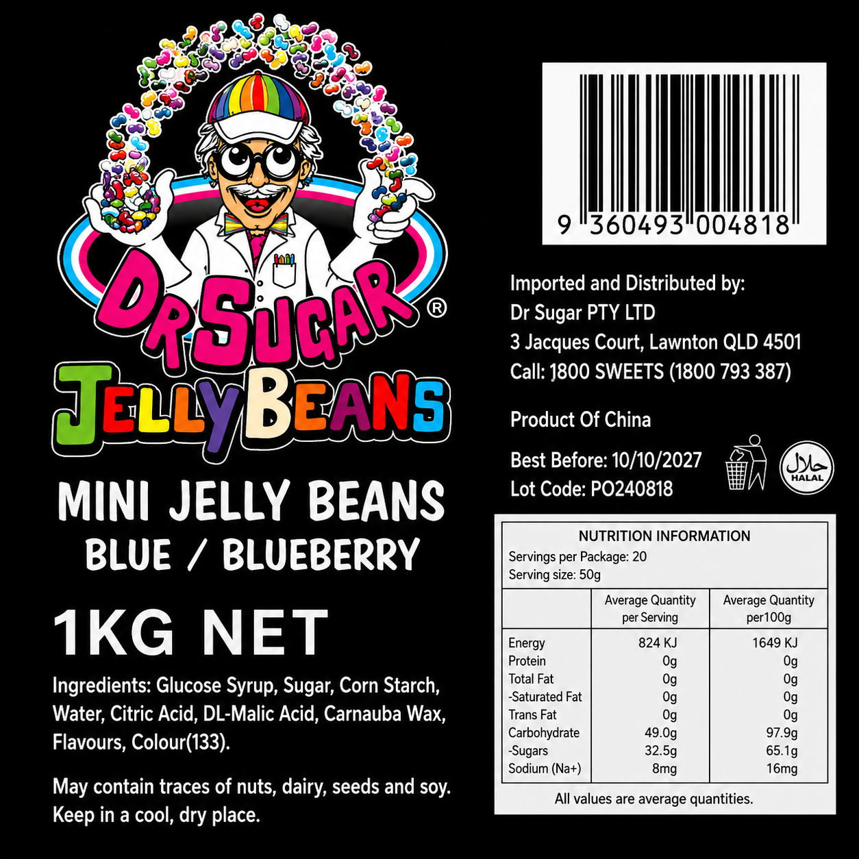 DR SUGAR Mini Blueberry Jelly Beans Nutrition Information