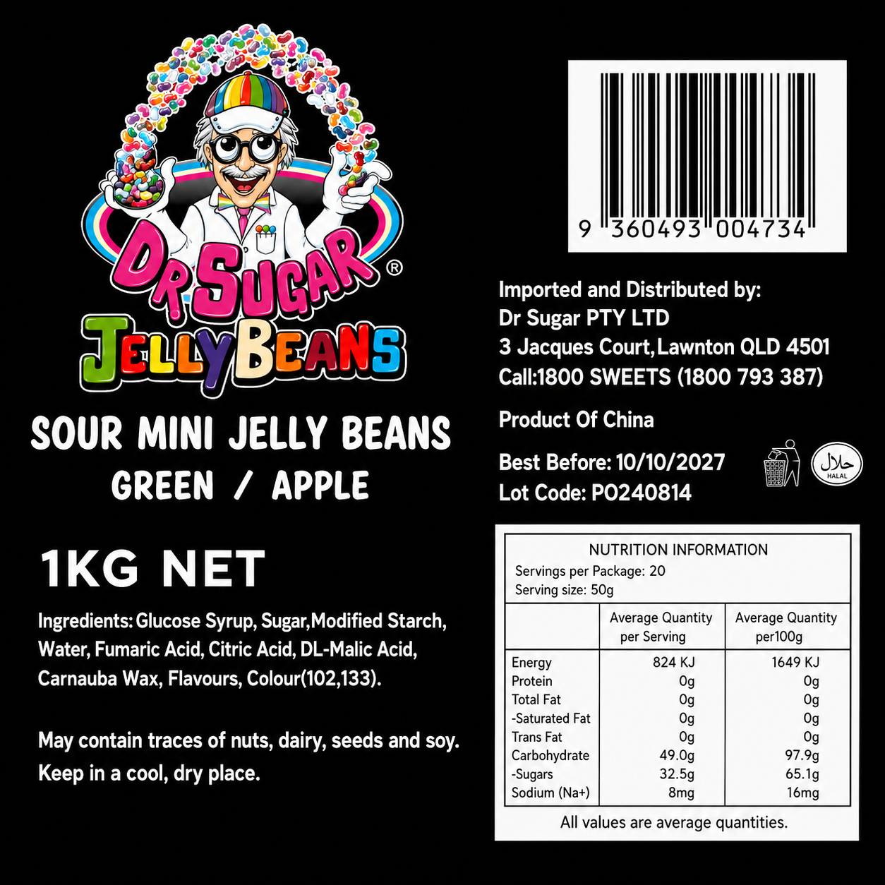 DR SUGAR Mini Sour Apple Jelly Beans Nutrition Information