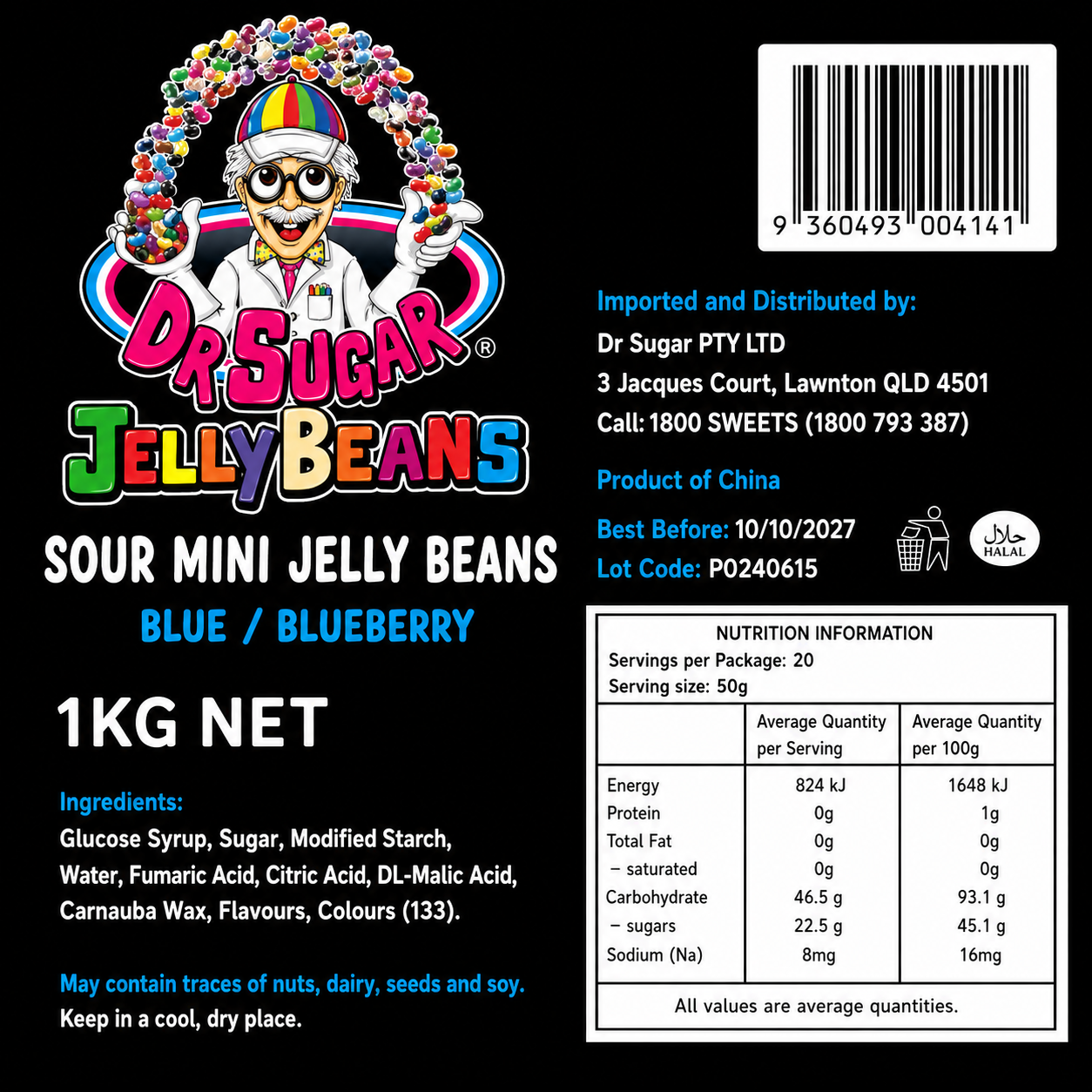 DR SUGAR Mini Sour Blueberry Jelly Beans Nutrition Information