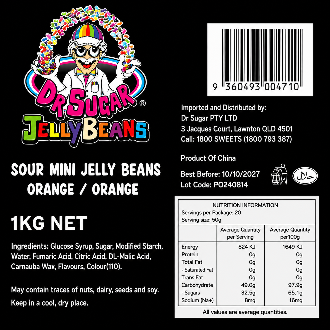 DR SUGAR Mini Sour Orange Jelly Beans Nutrition Information