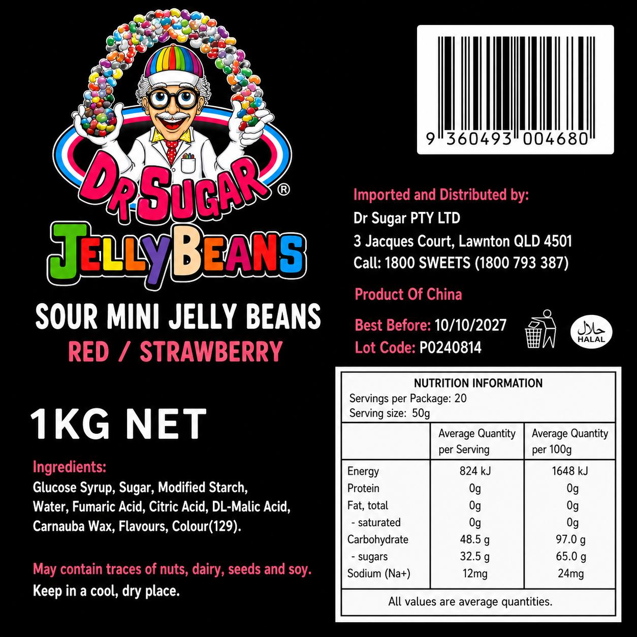 DR SUGAR Mini Sour Strawberry Jelly Beans Nutrition Information