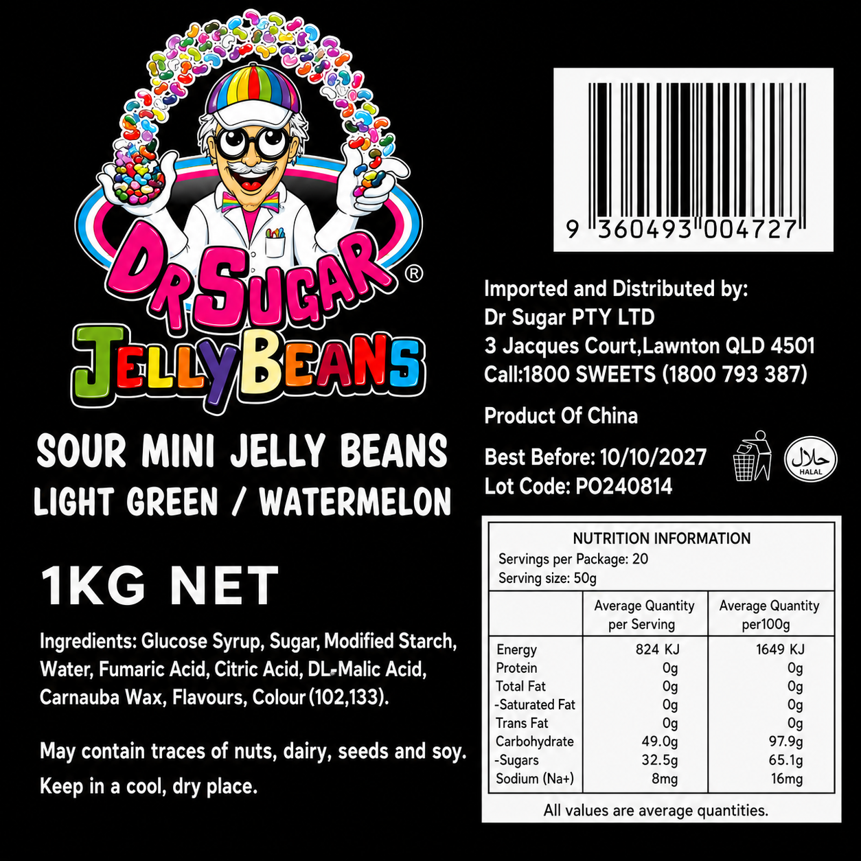 DR SUGAR Mini Sour Watermelon Jelly Beans Nutrition Information