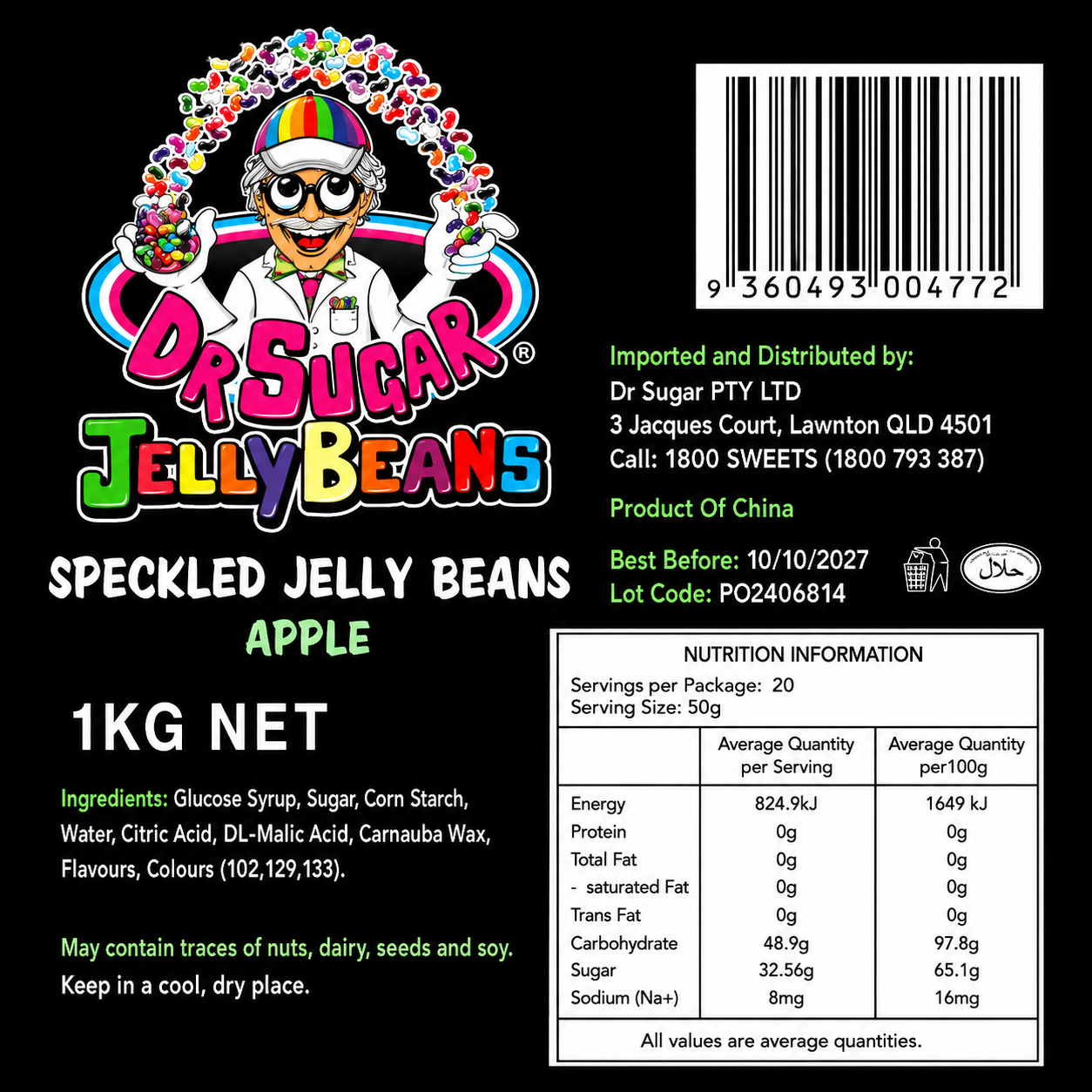 DR SUGAR Speckled Apple Jelly Beans Nutrition Information