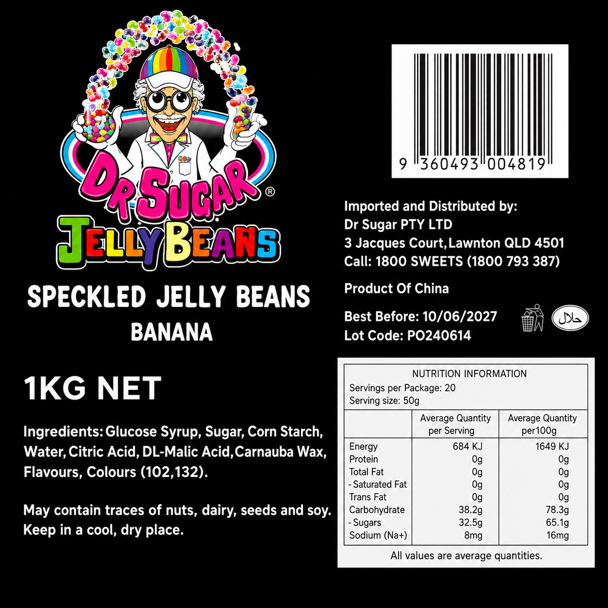 DR SUGAR Speckled Banana Jelly Beans Nutrition Information