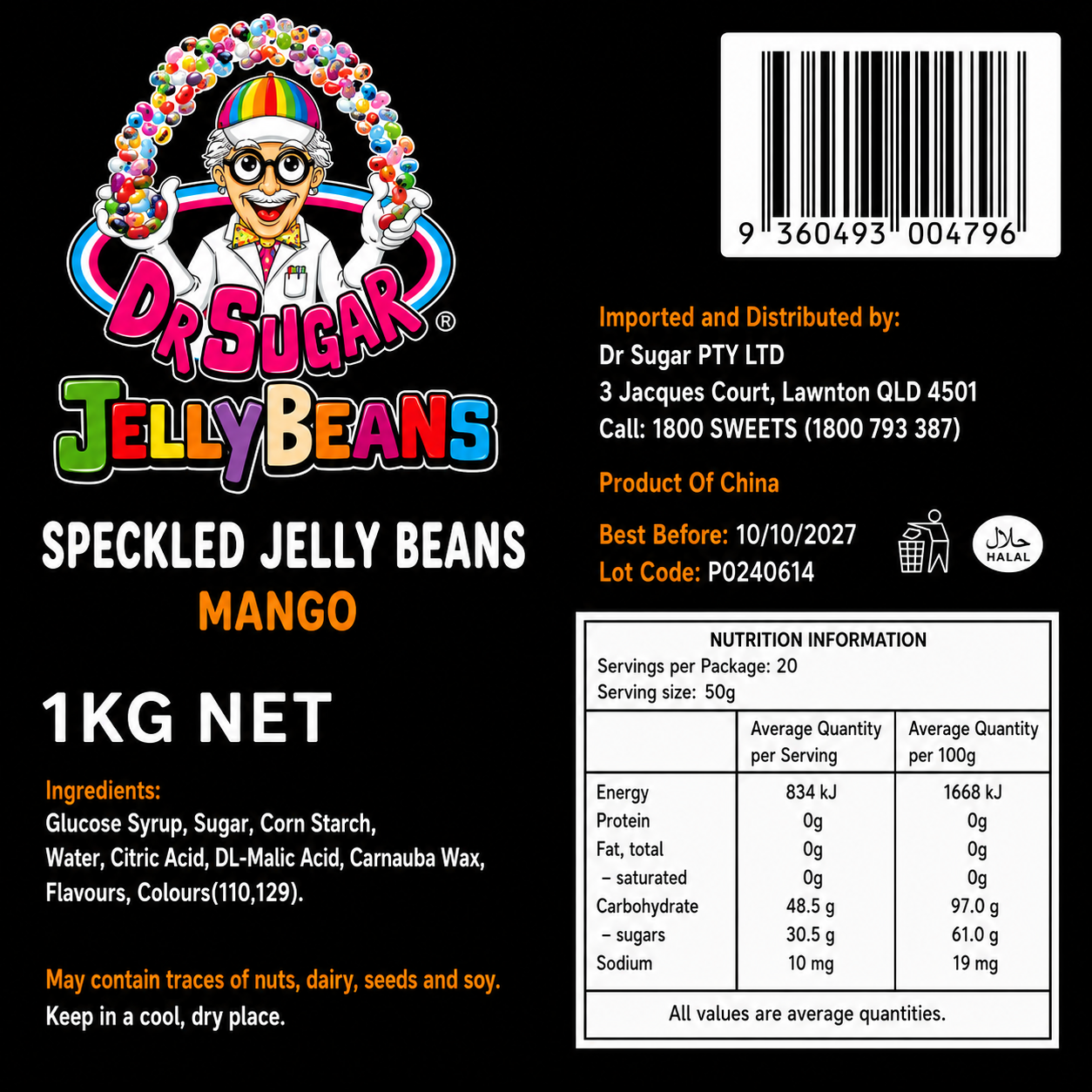 DR SUGAR Speckled Mango Jelly Beans Nutrition Information