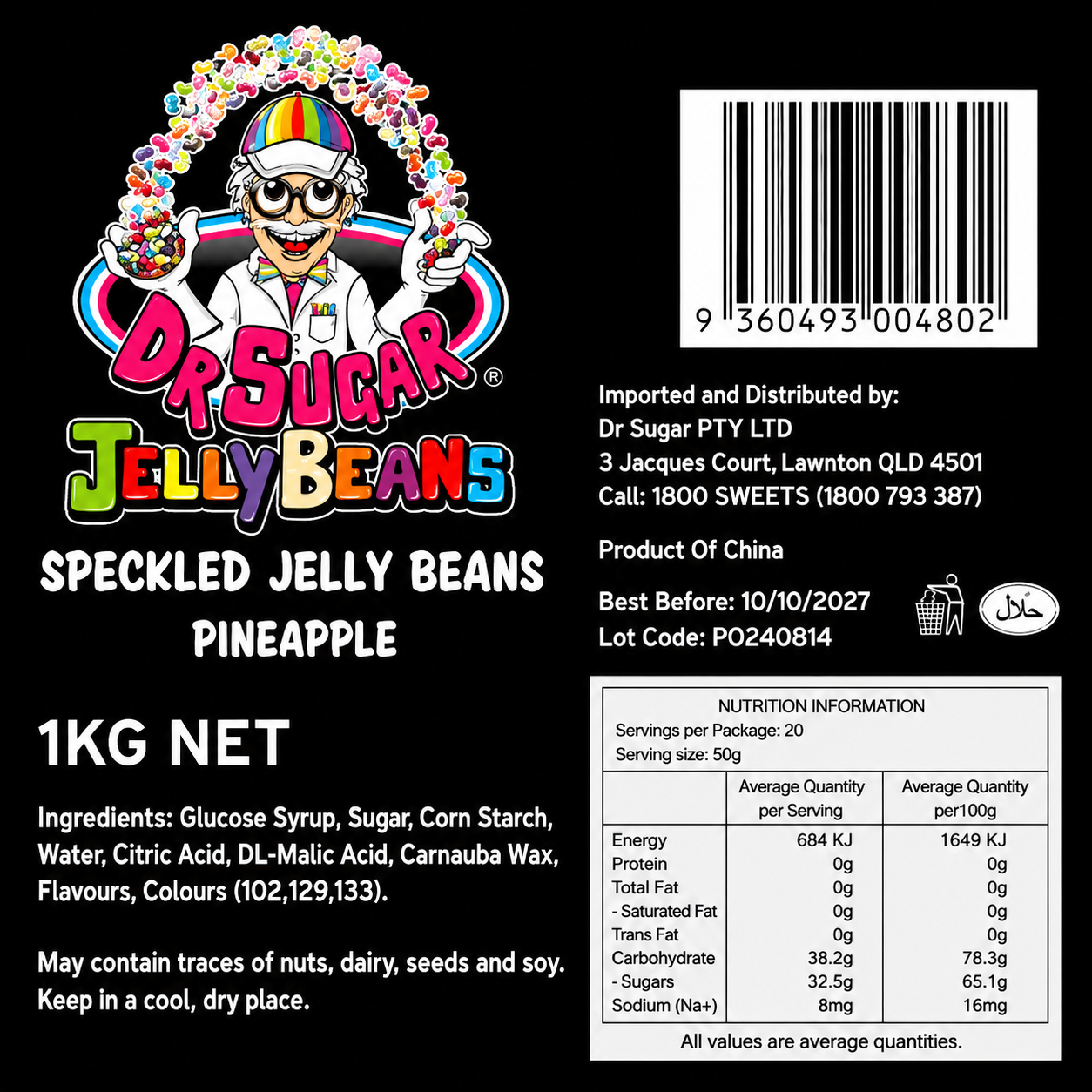 DR SUGAR Speckled Pineapple Jelly Beans Nutrition Information