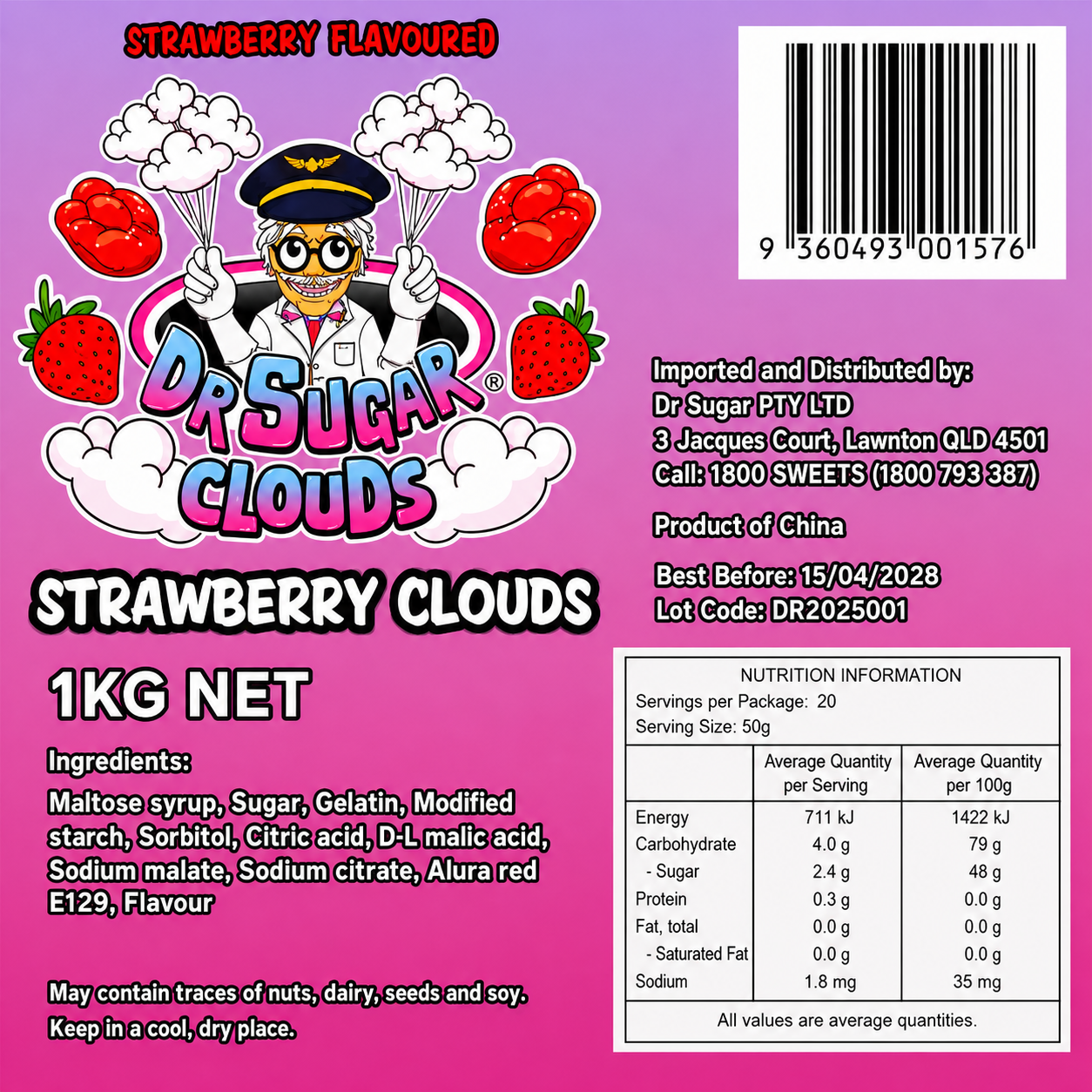 DR SUGAR Strawberry Cloud Gummies Nutrition Information
